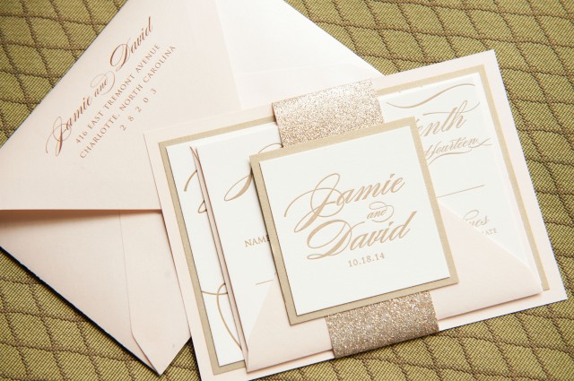Letterpress wedding invitations in gold